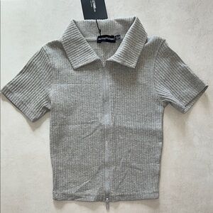 PLT 0 Gray Ribbed Double Zip Up Short Sleeve Collar Shirt Top Polo Grey PrettyLi